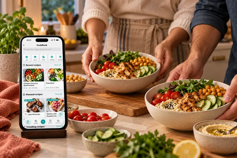 Two home cooks serving chicken and hummus bowls beside CookBook on a phone