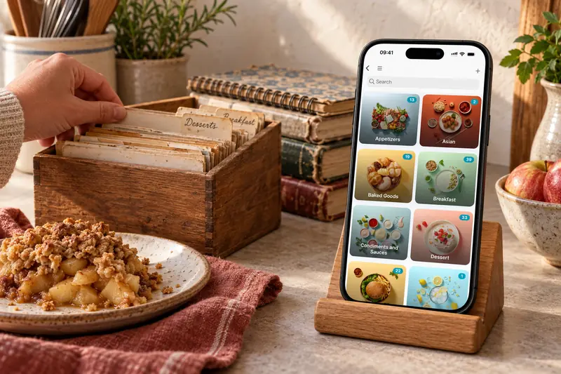CookBook's recipe categories on a phone beside a family recipe box and apple crumble