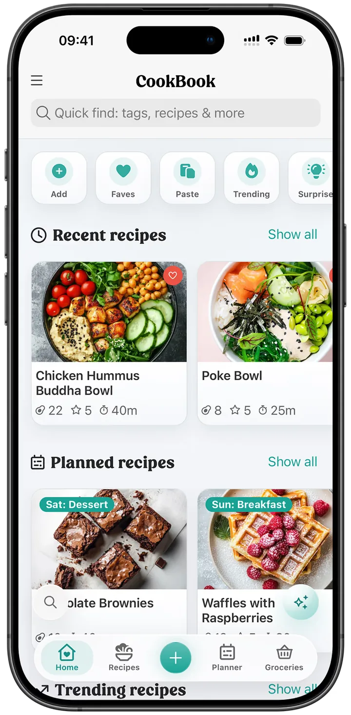 CookBook app showing saved recipes and planned meals
