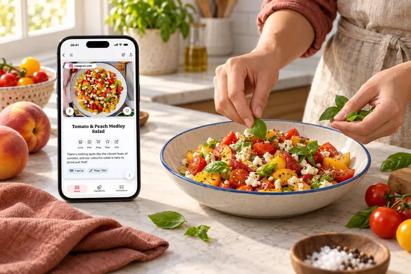 A saved Instagram recipe in CookBook beside the matching tomato and peach salad