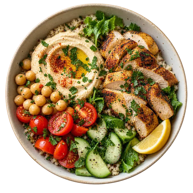 Chicken, hummus, grains and fresh vegetables in a ceramic bowl