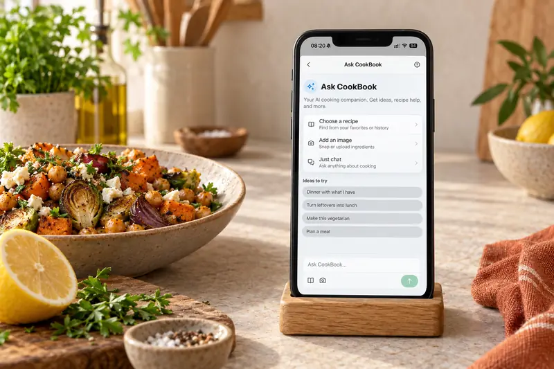 Ask CookBook open on a phone beside roasted vegetables and chickpeas