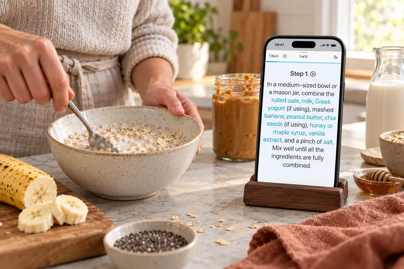 A home cook following CookBook's cooking steps while mixing oats and milk