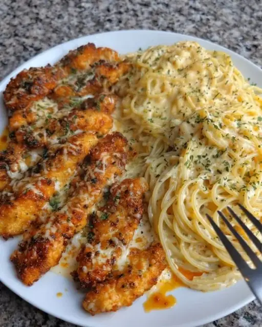 Mozzarella Parmesan Garlic Chicken with Creamy Spaghetti